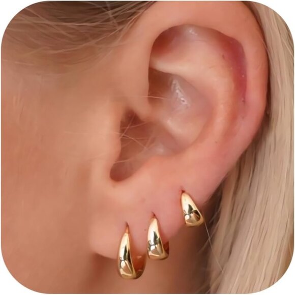 Chunky Small Gold Hoop Earrings Set for Women, Dainty 14K Gold Plated Huggie - Picture 1 of 7